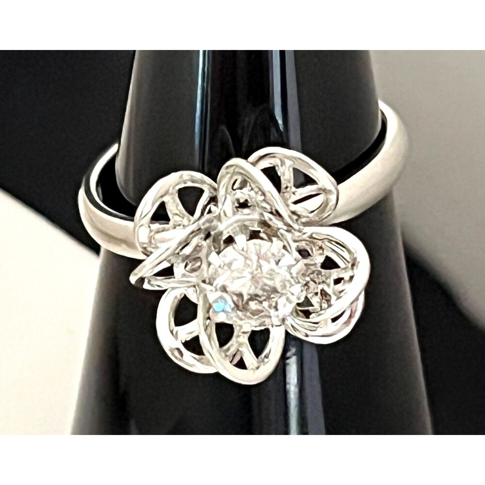 Vintage 1960s Floral Ring Silver Tone Rhinestones Mid Century Modern - 4J